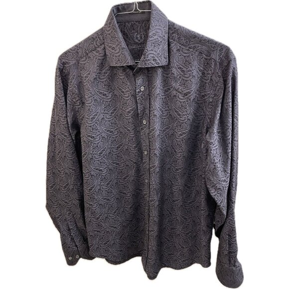Bugatchi Uomo Shirt Paisley L/S Button Up Chambray Flip Cuff Blue Mens Large - Picture 1 of 10